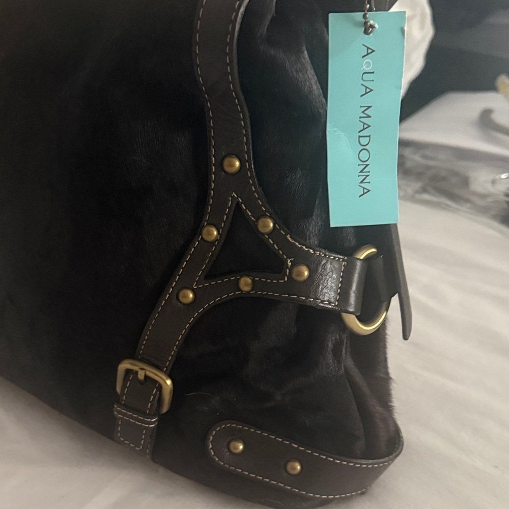 Aqua Madonna Dark Brown Calf Hair/Leather Bag with Gold Details